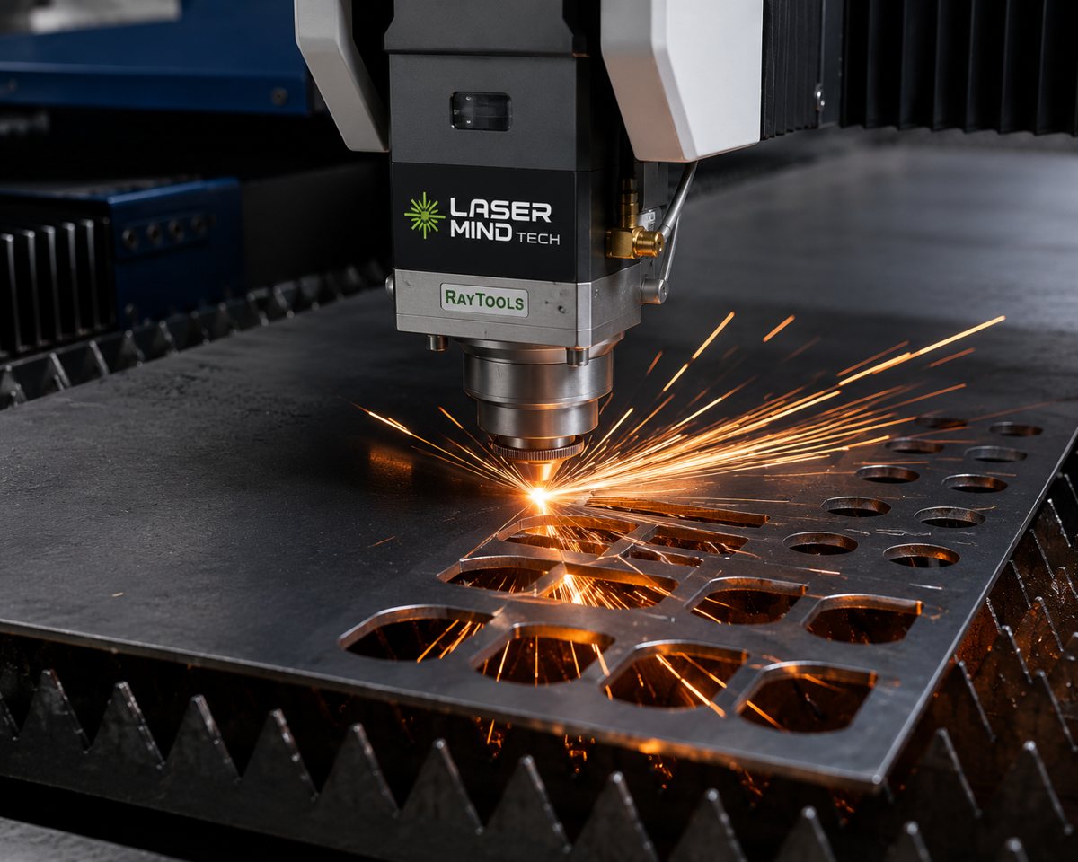 Máquina de corte a laser de fibra cortando uma chapa